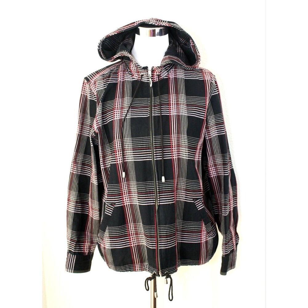 Coastal Y2K CHRISTOPHER & BANKS Hooded Jacket Windbreaker XL Black Pink Plaid *